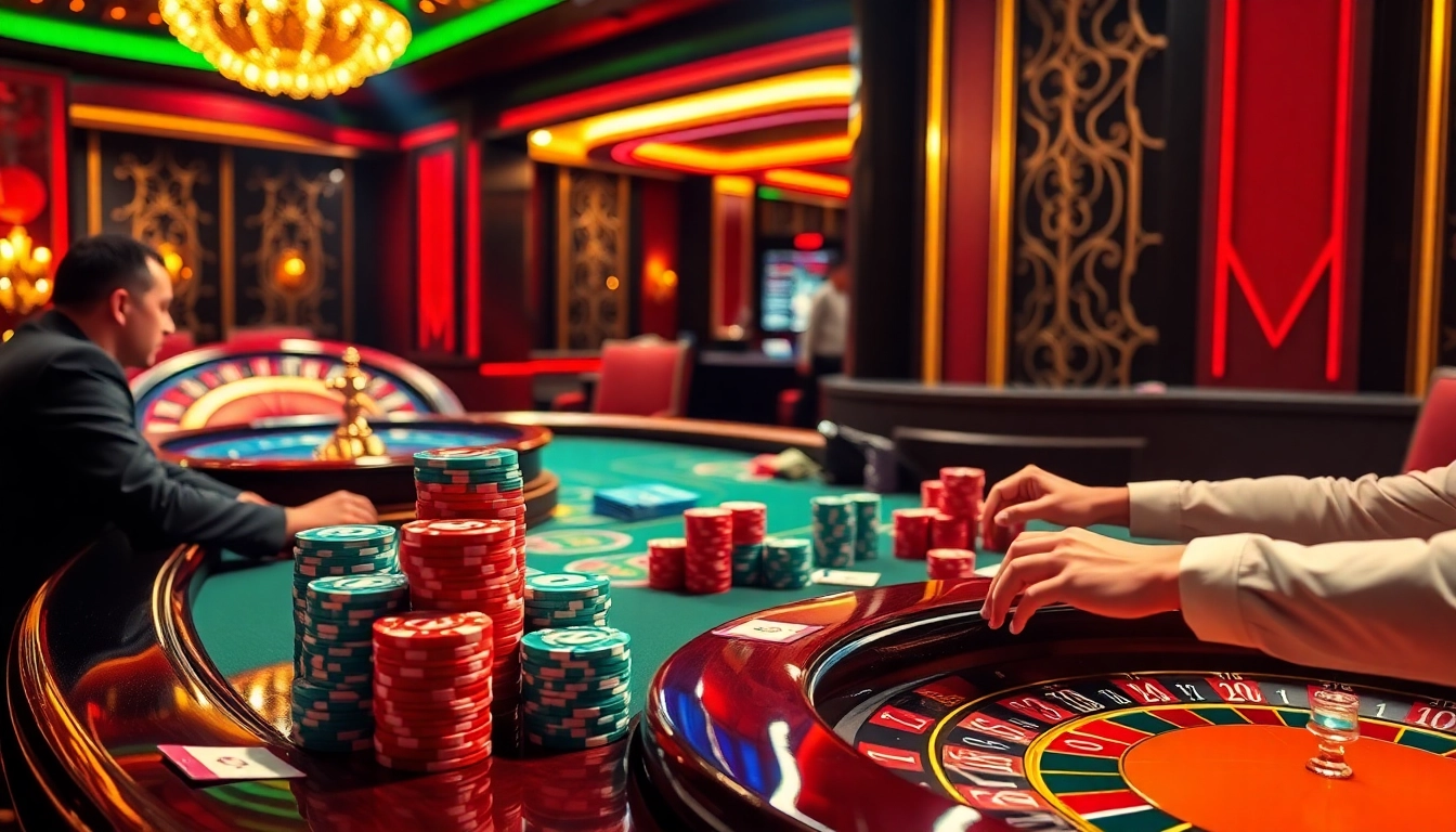 Players enjoying poker at 79win's luxurious casino, surrounded by vibrant chips and cards.