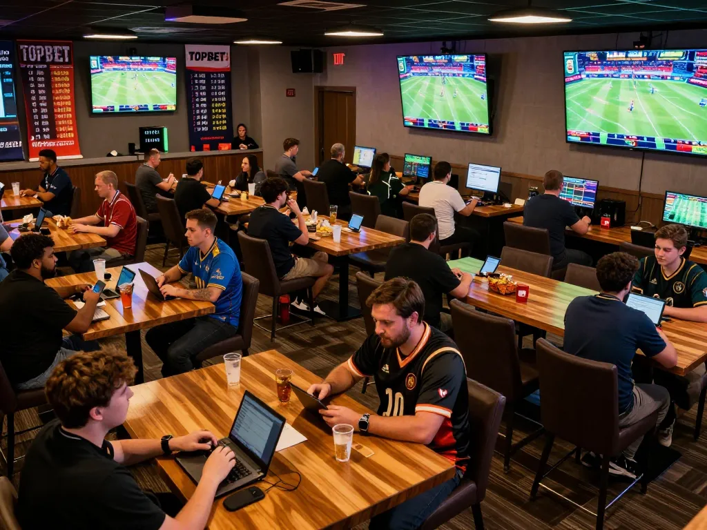 Fans engaging in sports betting on TOPBET platform amidst an energetic atmosphere.
