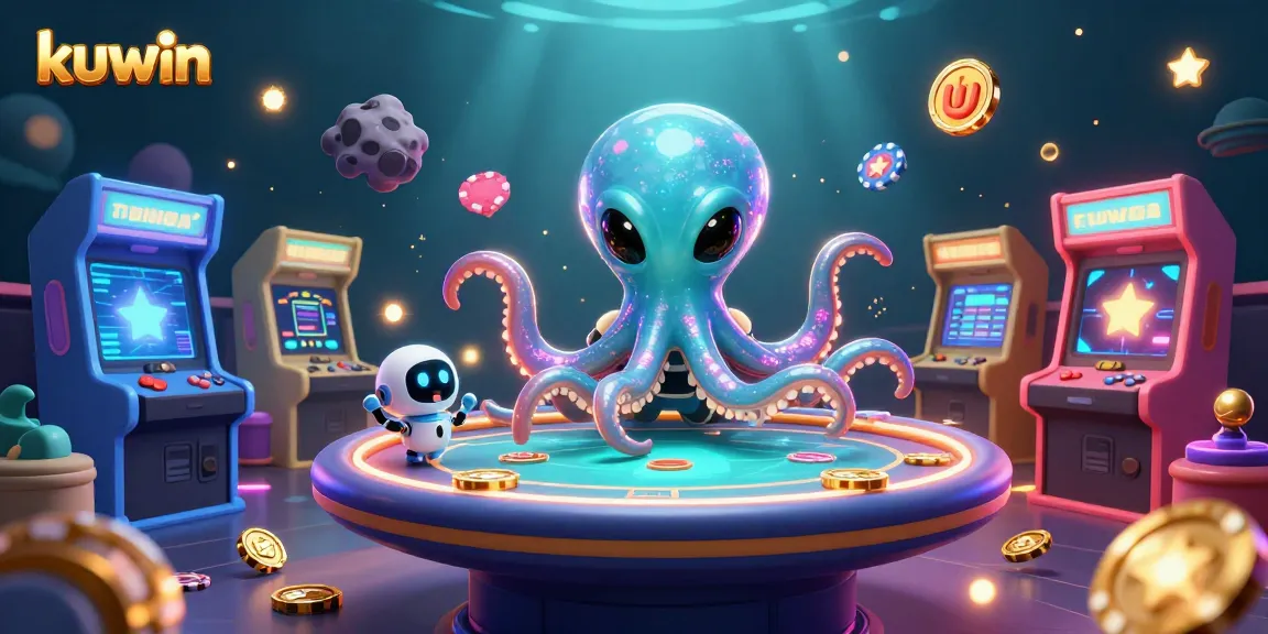 Kuwin showcases a quirky scene with an alien octopus and robot at a holographic poker table amid colorful arcade elements.