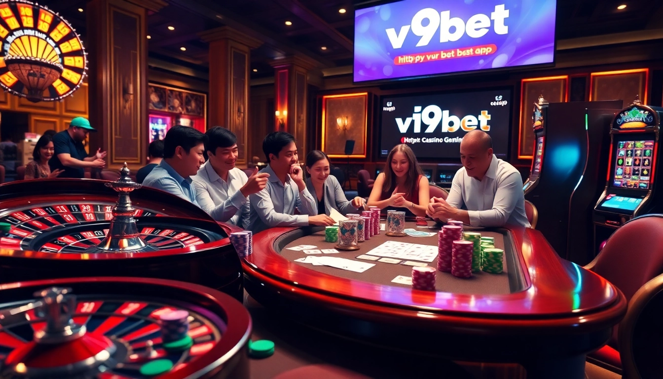 Engaging players enjoying their experience at V9Bet, featuring casino games and a roulette wheel.