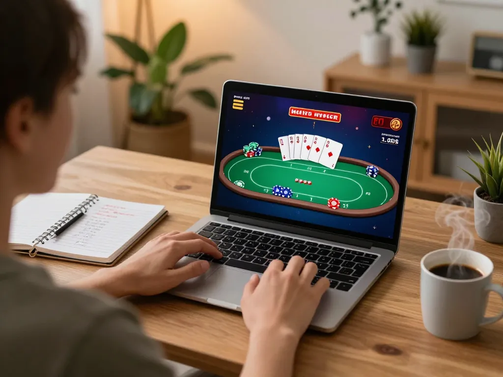 Engaging online poker gameplay showing 789wim strategies in a cozy home setup.