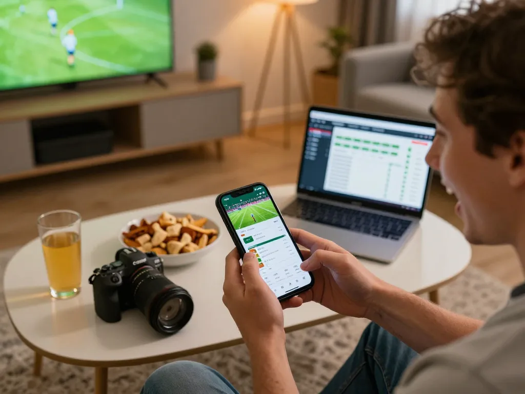 Engaged user betting live on sports via xoilactv39 smartphone app in a cozy living room setting.