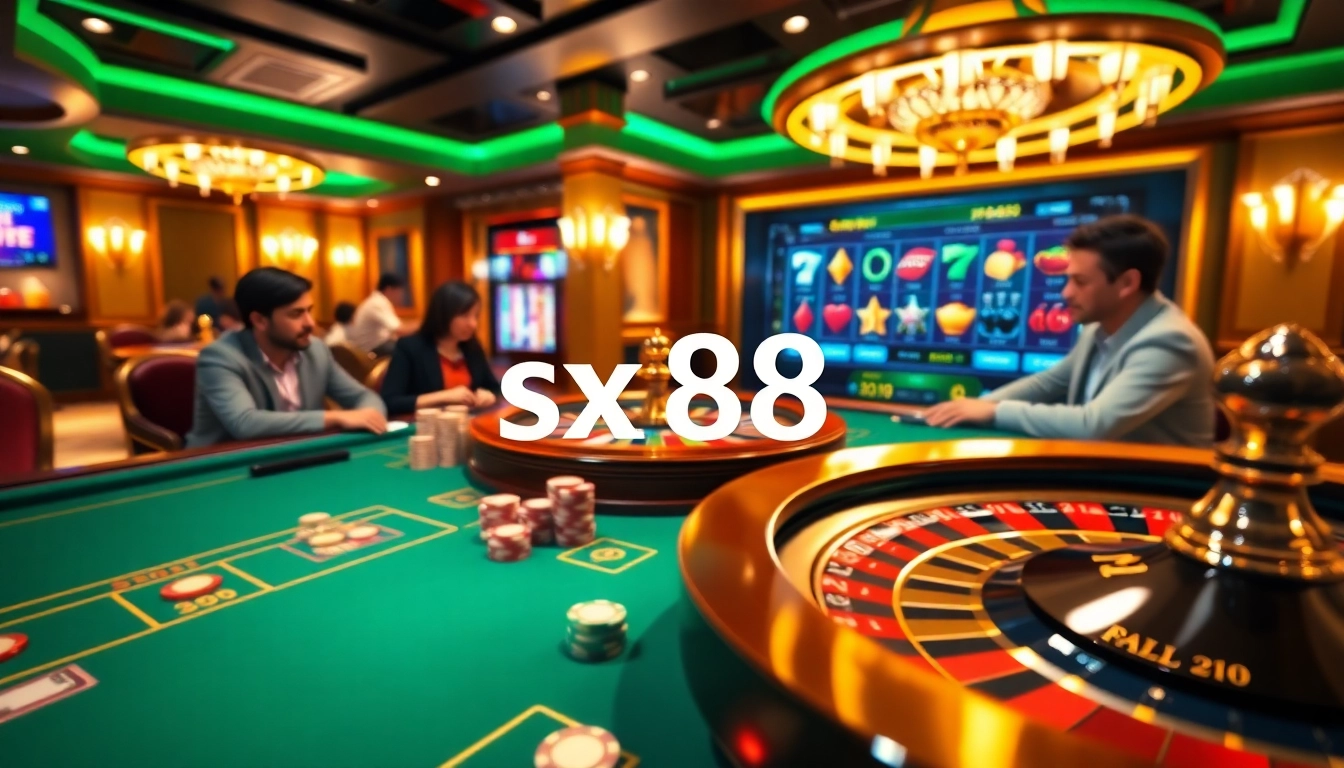 SX88 players strategizing bets at a vibrant online casino table with poker chips.