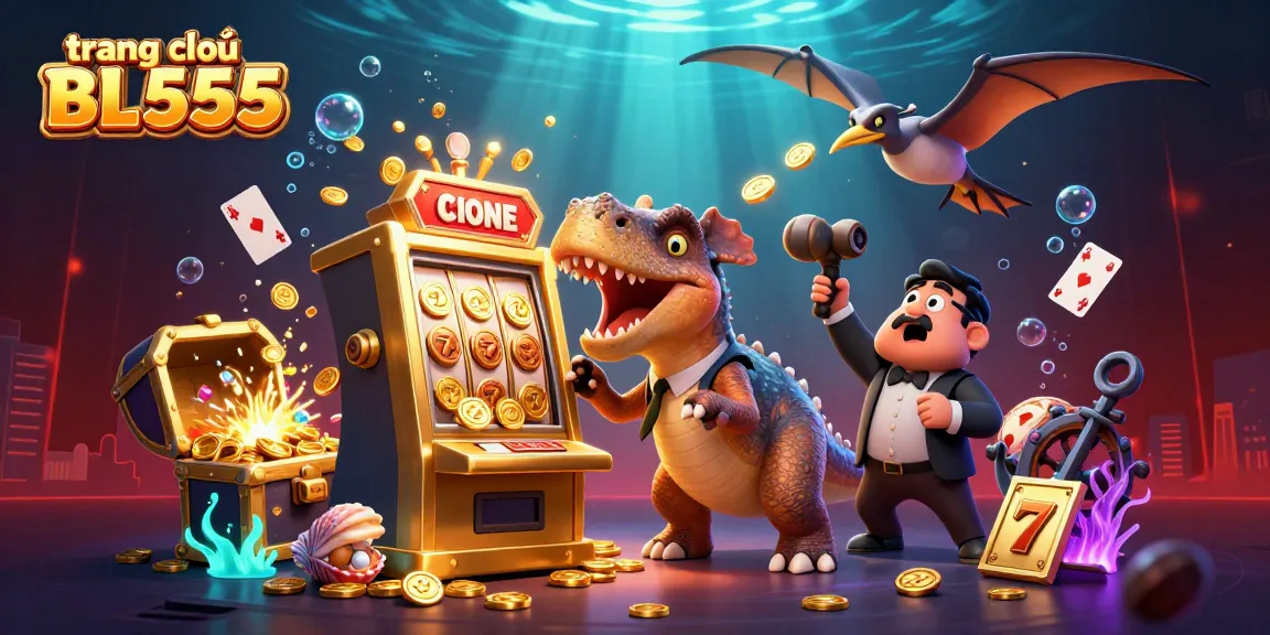Catch jackpot coins at trang chủ BL555 as vibrant characters interact in a fantasy casino scene.