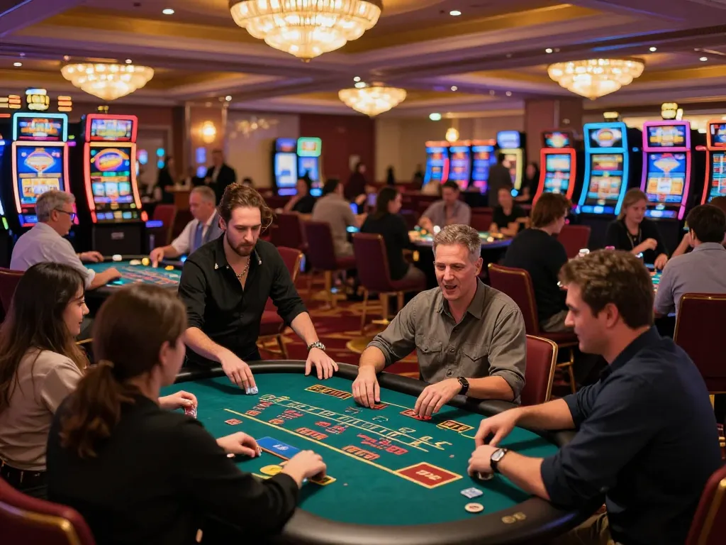 Players enjoying blackjack at red88de’s vibrant casino floor, lively atmosphere and strategic gameplay.