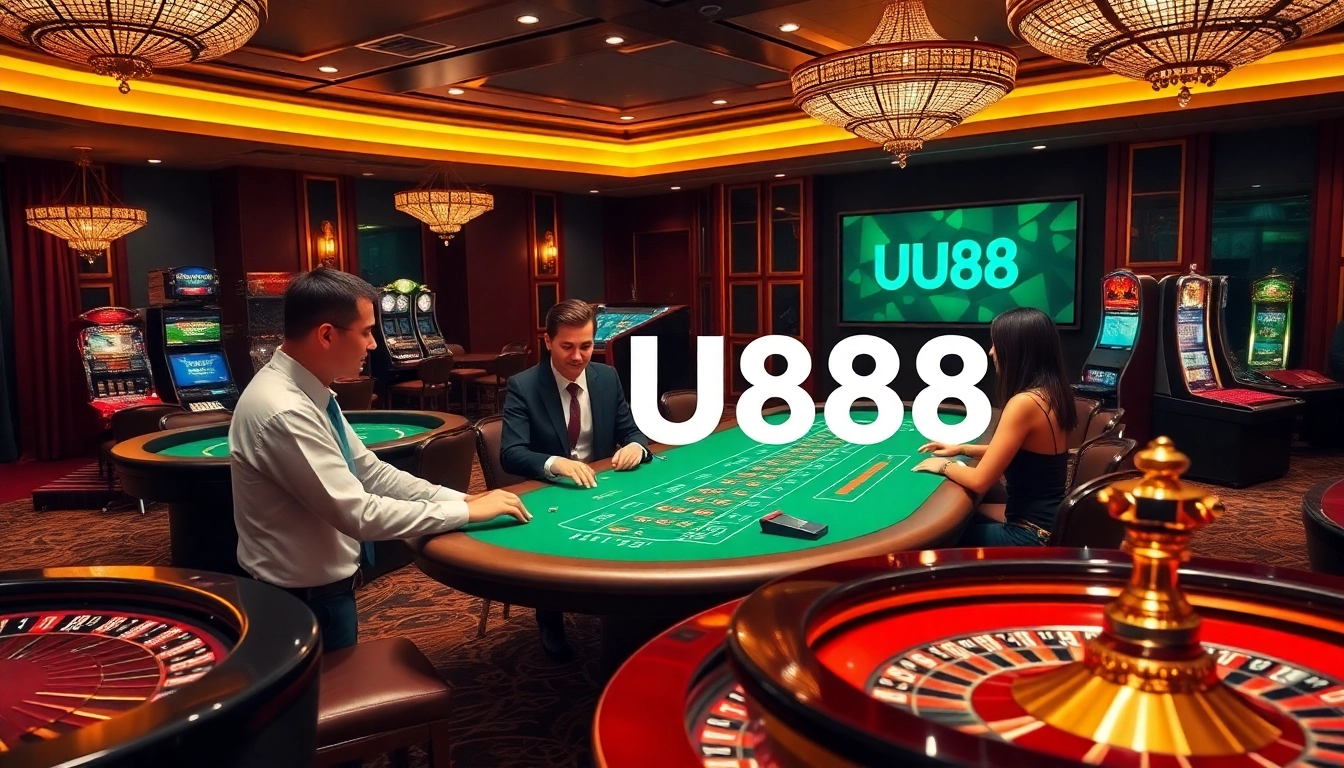 Engage with the luxurious atmosphere of UU88 casino featuring vibrant tables, dealers, and winning moments.
