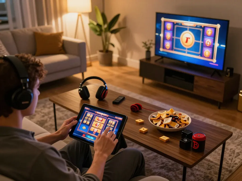 JJNN player enjoying slots on a tablet in a cozy home setting with snacks and modern decor.