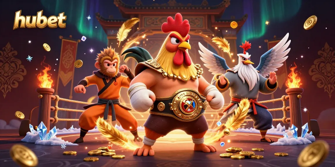 Engage with hubet's vibrant online casino scene featuring a martial arts rooster and monkey in action.