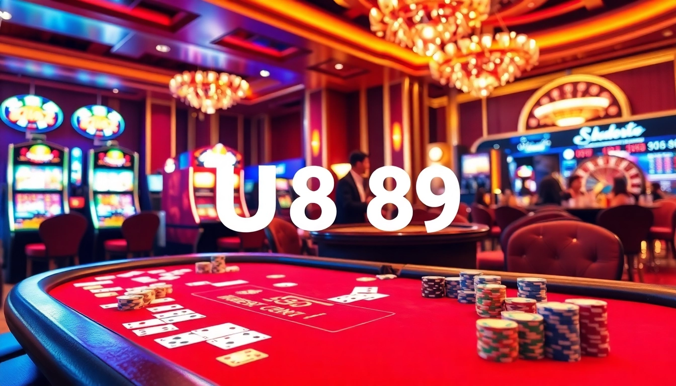 Experience the thrill of U888 at a luxurious casino with vibrant gaming tables and excitement.