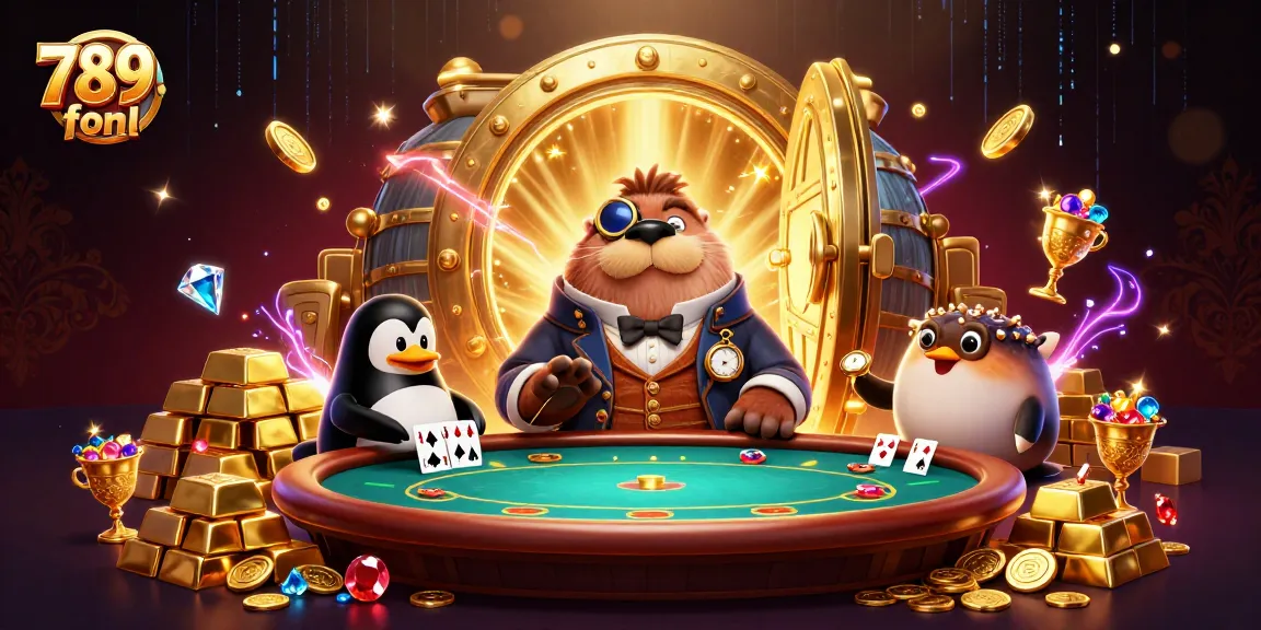 Engage in thrilling poker action with the 789fonl walrus, penguin dealer, and pufferfish player.