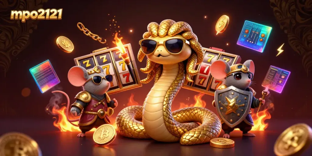 Memainkan slot gacor di mpo2121 dengan karakter Medusa dan mouse prajurit yang ceria.