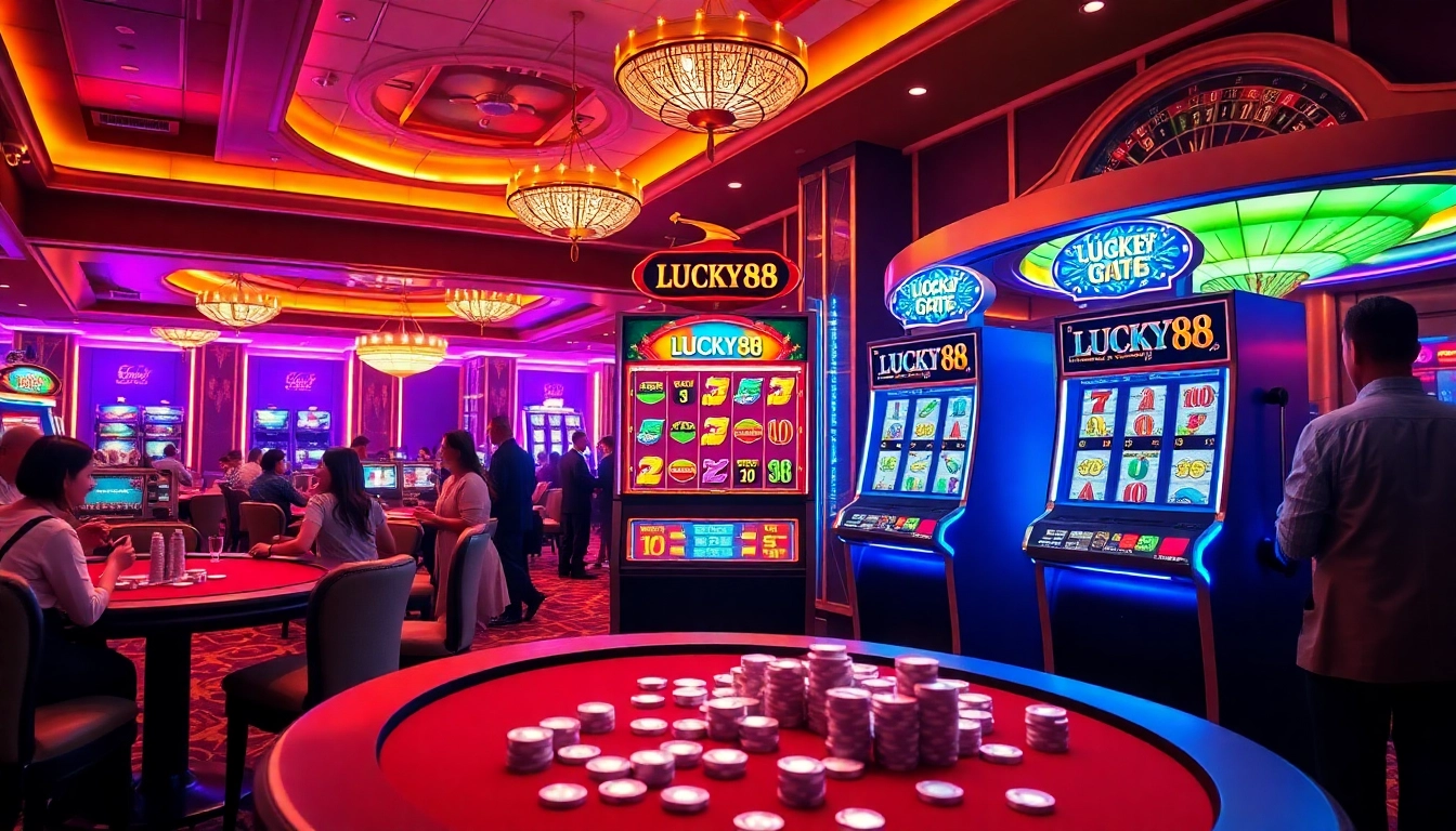 Experience the thrill of LUCKY88 with casino patrons enjoying a vibrant slot machine game.