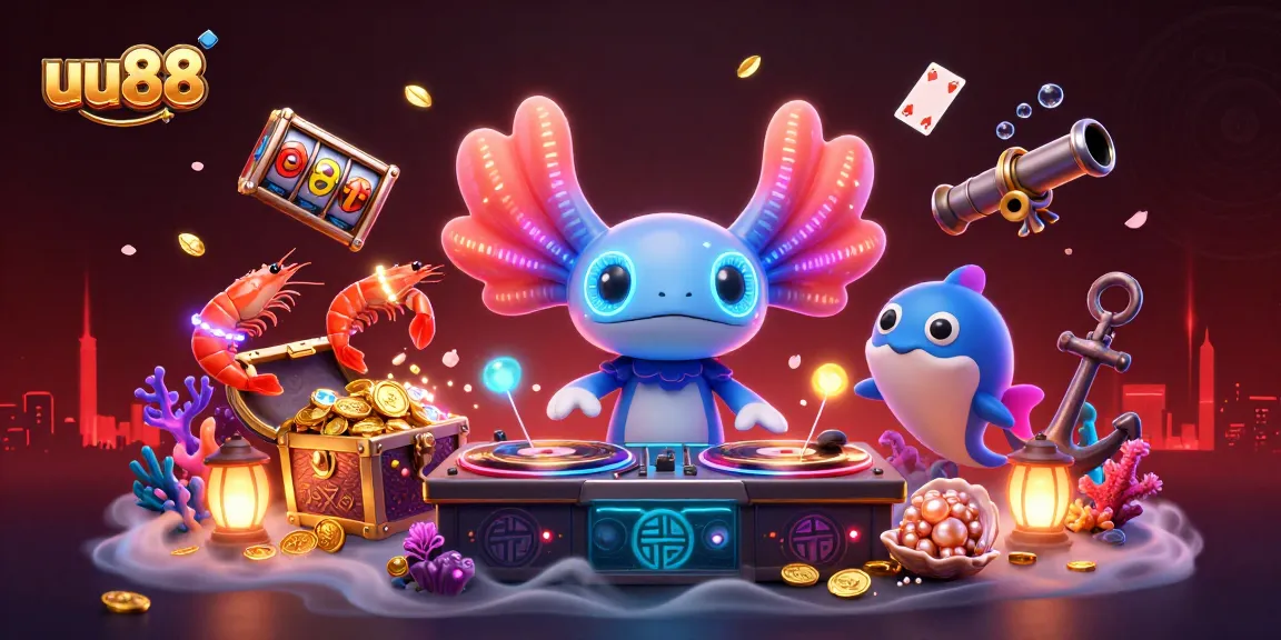 Experience thrilling gameplay at uu88 with a neon axolotl DJ and vibrant underwater casino elements.