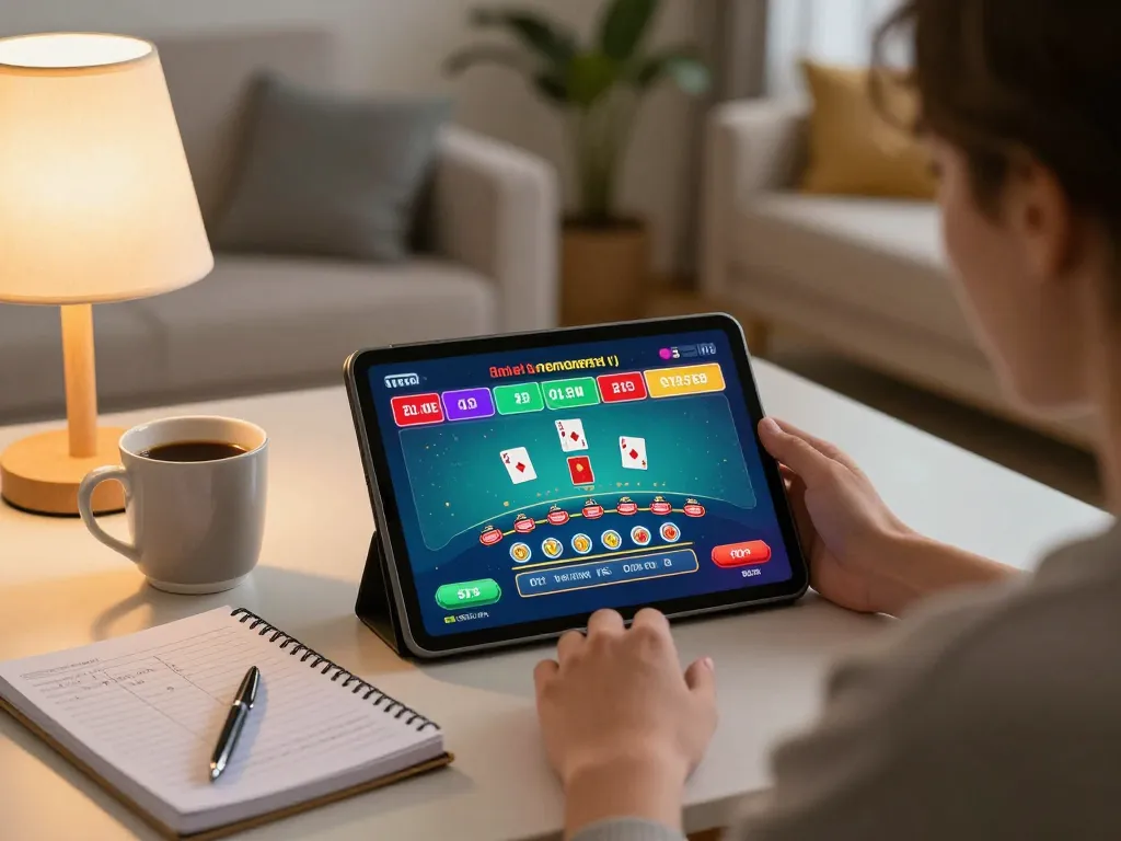 Playing blackjack online with DEBET on a tablet in a cozy home setting