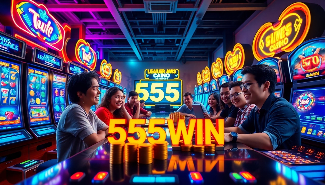 Exciting gaming scene showcasing players engaged with 555win slot machines, conveying thrill and innovation.
