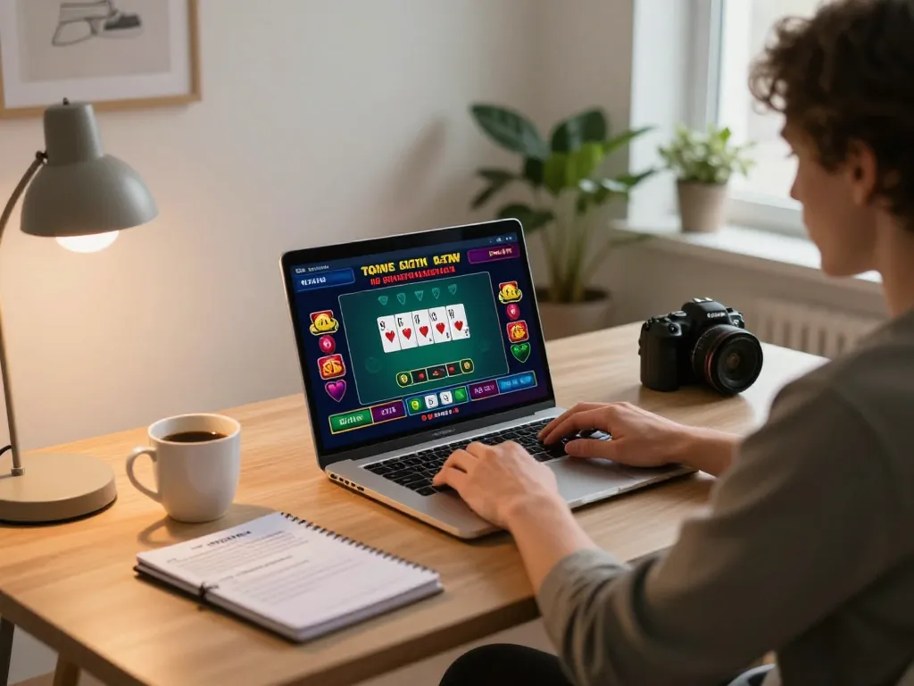 Engaging online gaming scene with tx88at where a player analyzes poker strategies at home.