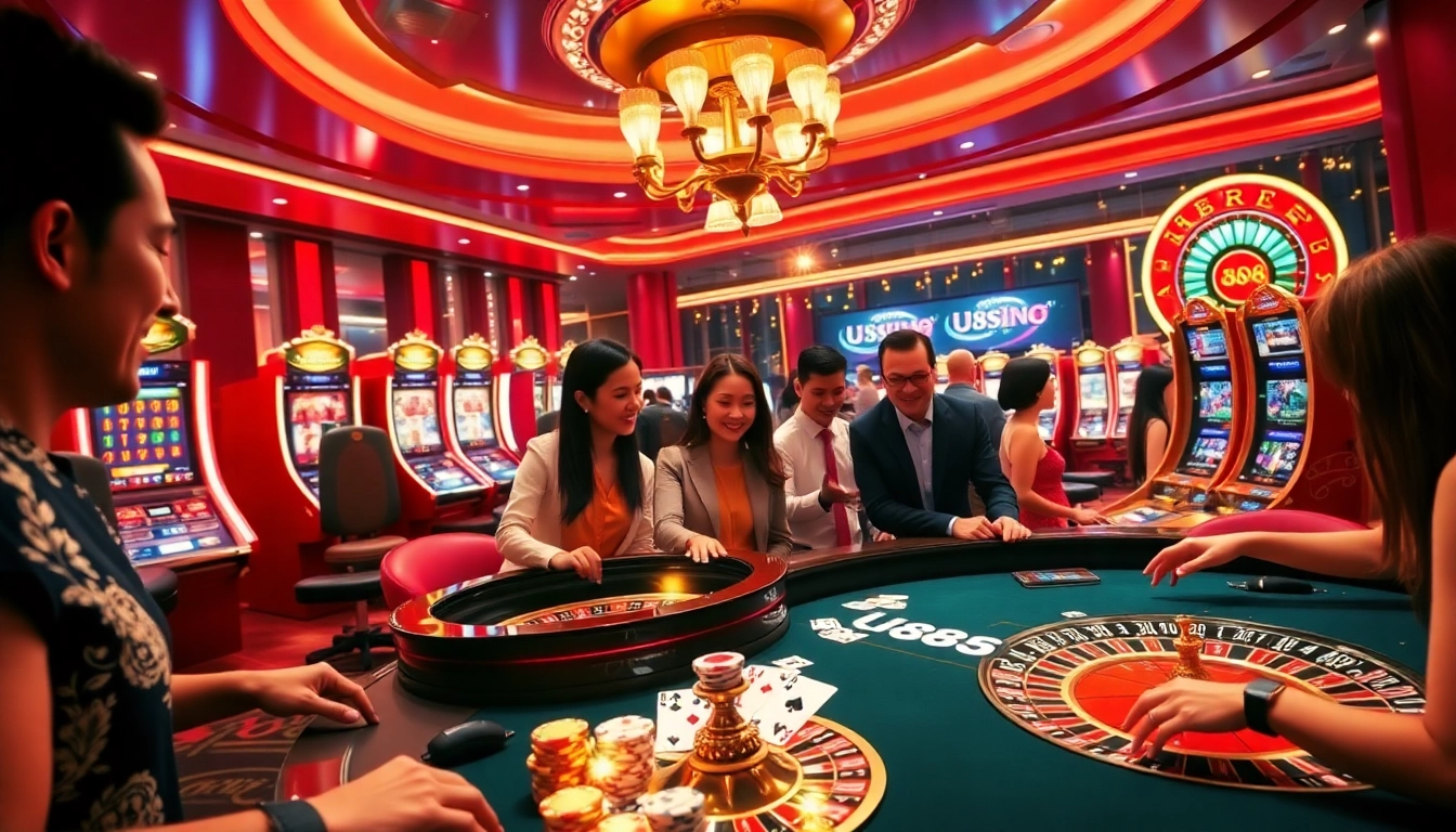 U888 players enjoying a thrilling game atmosphere with slot machines and roulette wheels