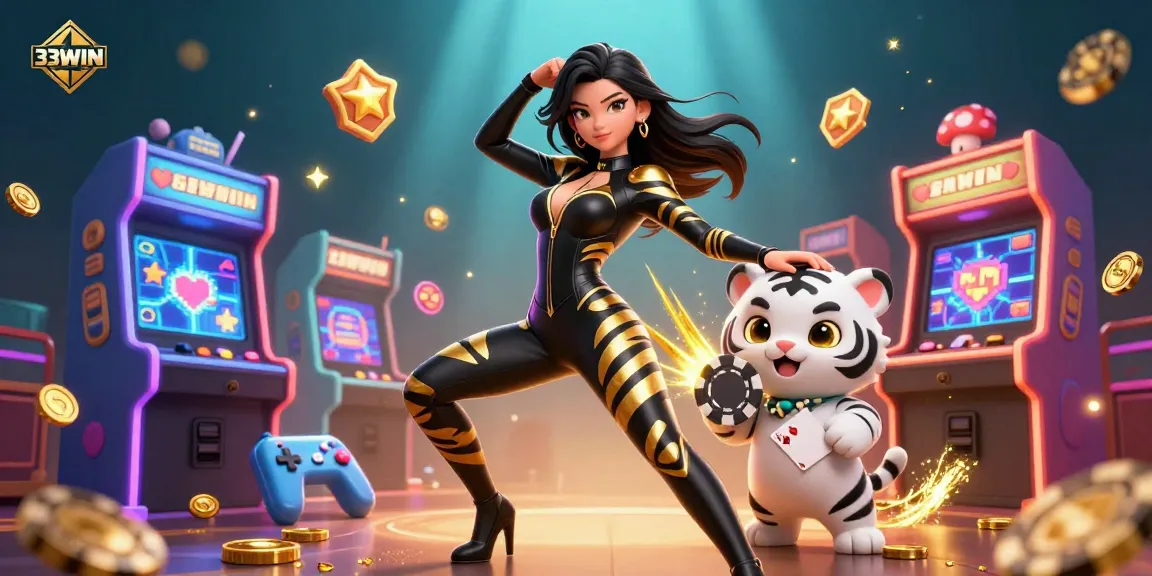 Engage with 33WIN's thrilling casino experience, featuring vibrant games, a dynamic woman, and a playful tiger.