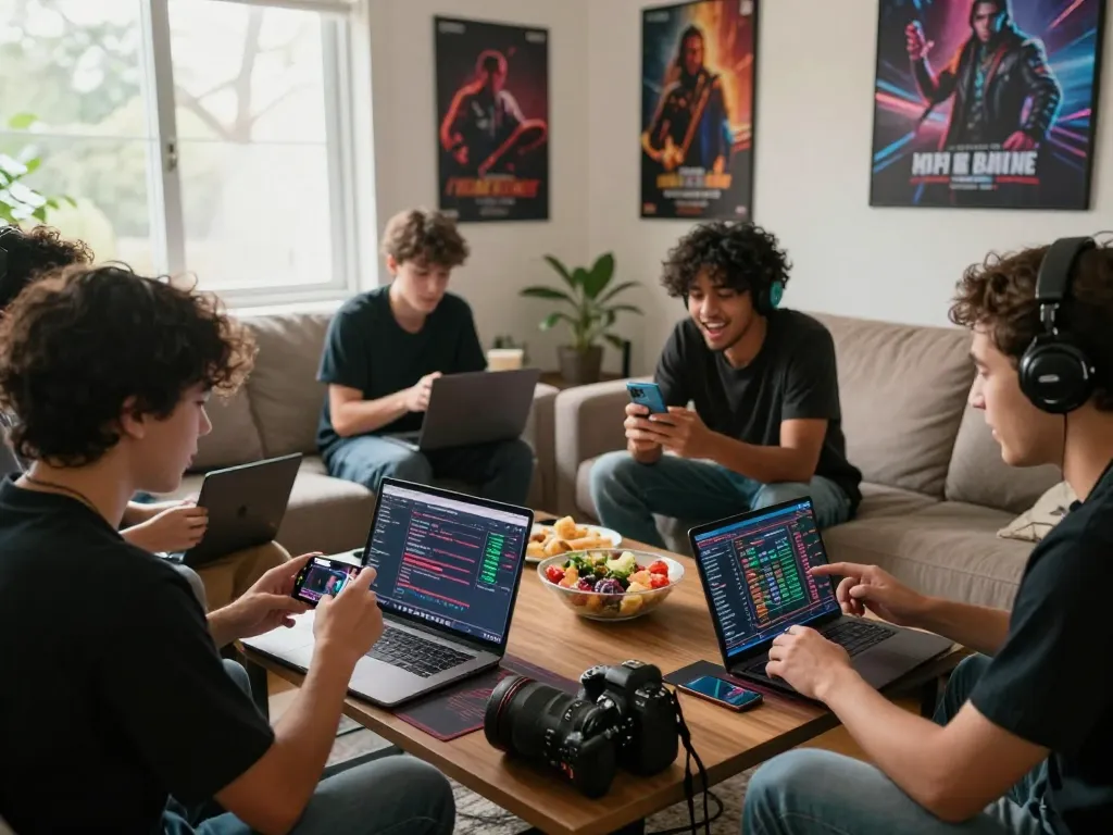 Engaged friends enjoying online betting and gaming at home, checking https://lucky88.tips/ for updates, emphasizing teamwork and excitement.