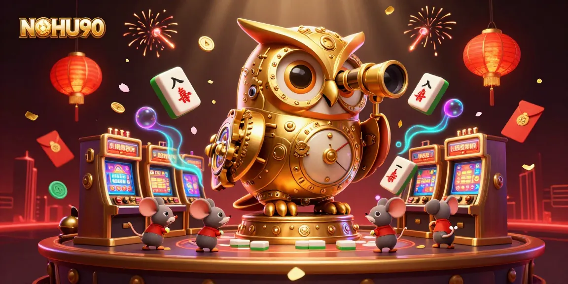 Experience jackpots at NOHU90 with a vibrant 3D casino illustration featuring lucky symbols.