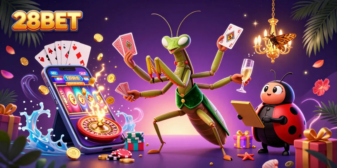 Experience excitement at 28BET with a giant praying mantis dealer and lively casino scene.