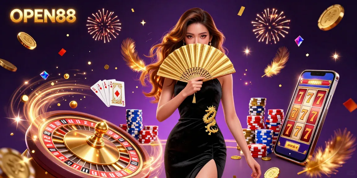 Experience the excitement of OPEN88 with stunning visuals of a beautiful woman and casino elements, capturing the thrill of gaming.