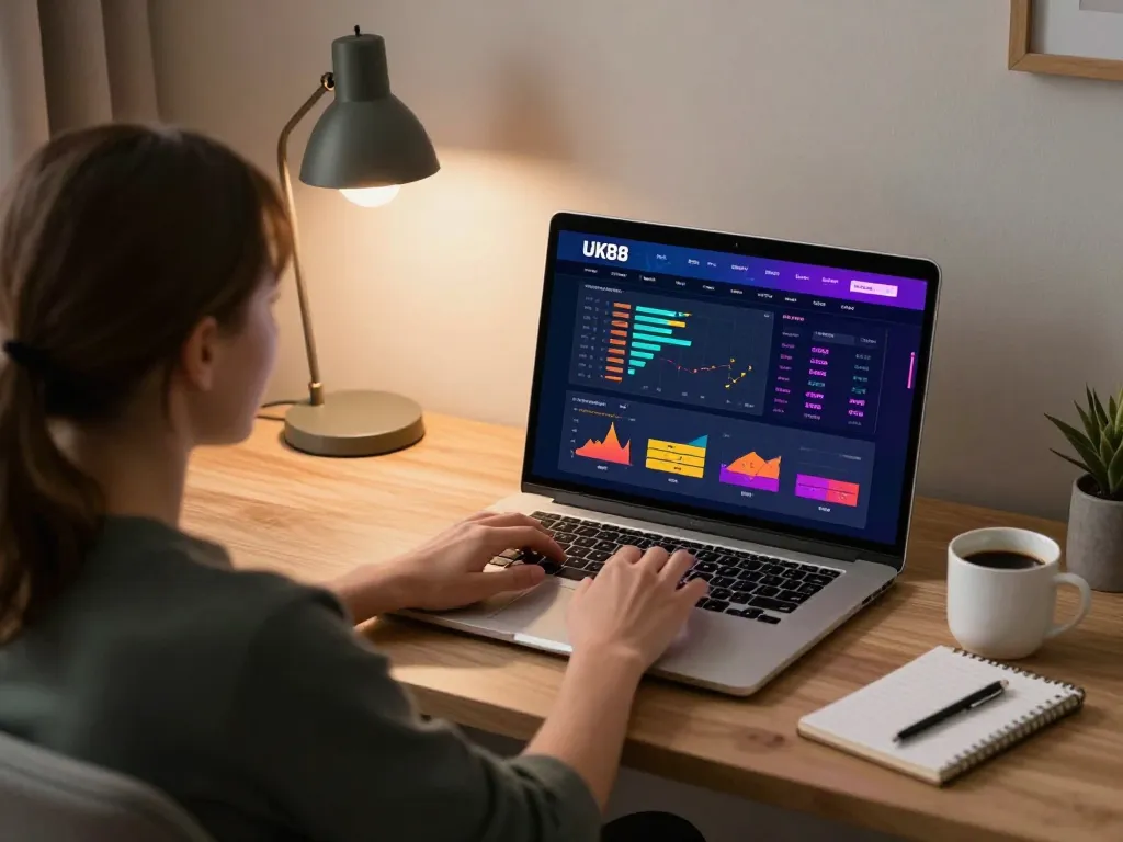 Person engaging with online gambling at UK88.ru.com on a laptop, showcasing home gaming setup.