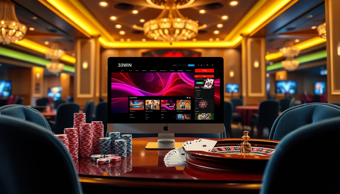 33WIN client interface showcasing exciting casino games and betting options, set in a luxurious environment.