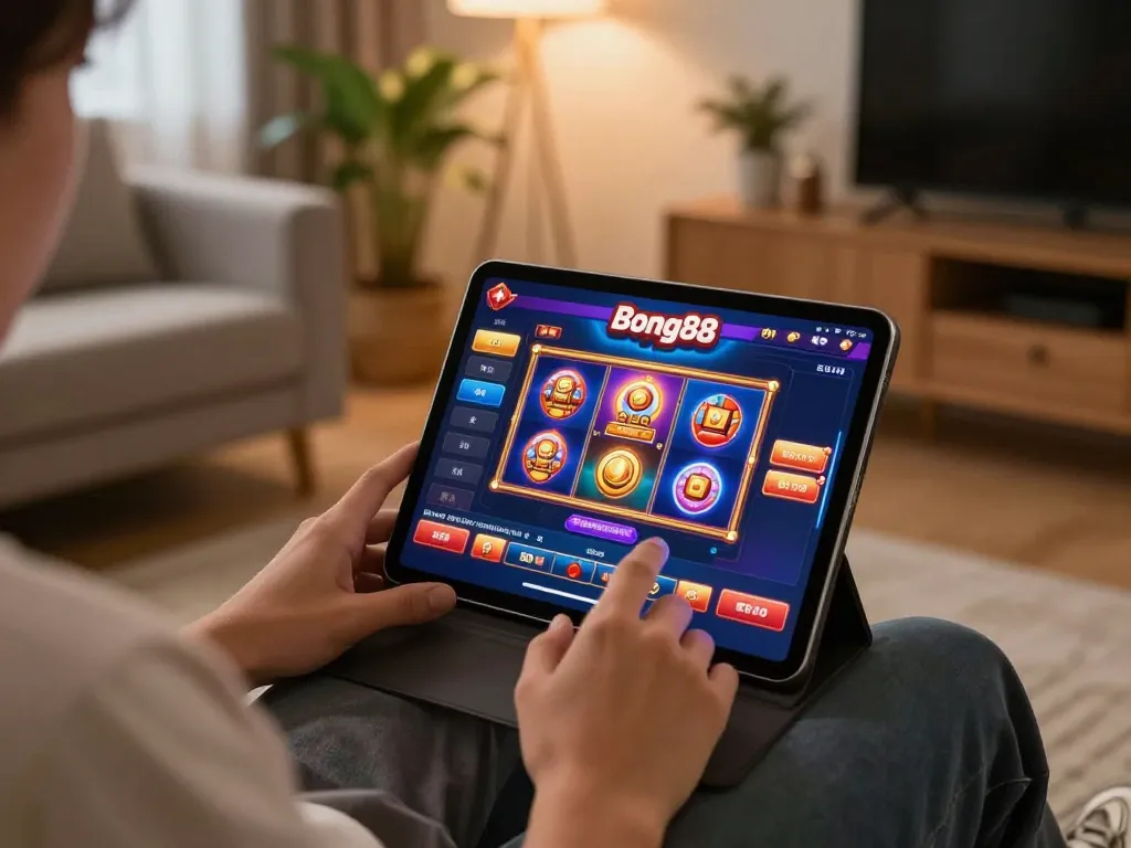 Bong88 player interacting with online slots on a tablet in a cozy home setup