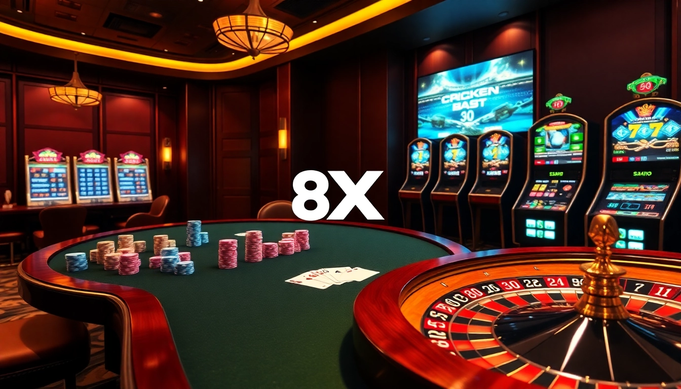 A vibrant casino scene promoting 8XX with poker chips, cards, and a glowing roulette wheel.