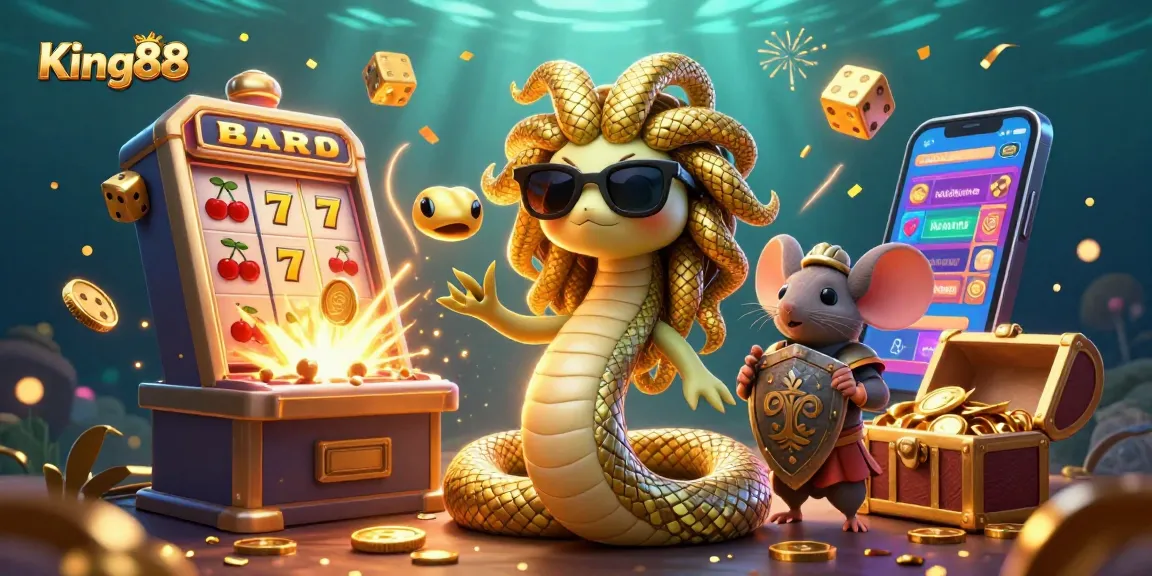 Win big at King88 with vibrant slots and casino games, featuring characters in a dynamic 3D scene.