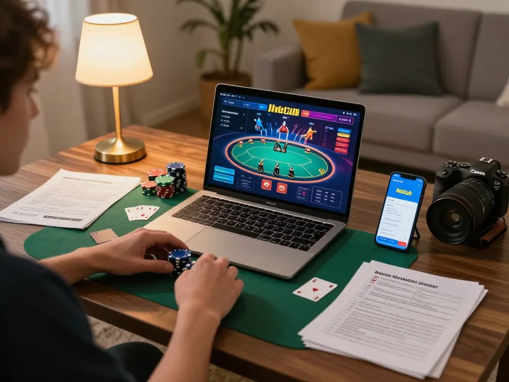 Player enjoying hitclub poker game on a laptop in a cozy home setting, showcasing excitement and strategy.