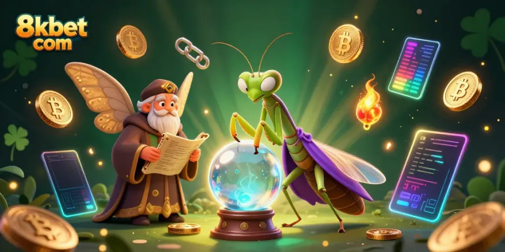 Engage with thrilling games at 8xbet com, showcasing a fortune teller and moth librarian amidst a dazzling casino scene.