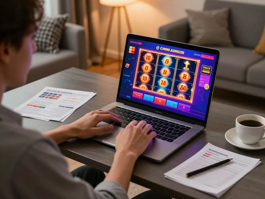 Engaged player at tx88vip.com using laptop for online slots and poker gaming with strategy notes.