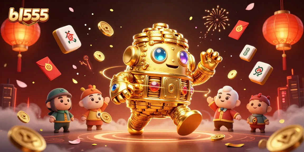 Engage with bl555's exciting casino experience featuring a golden golem surrounded by colorful gaming elements.