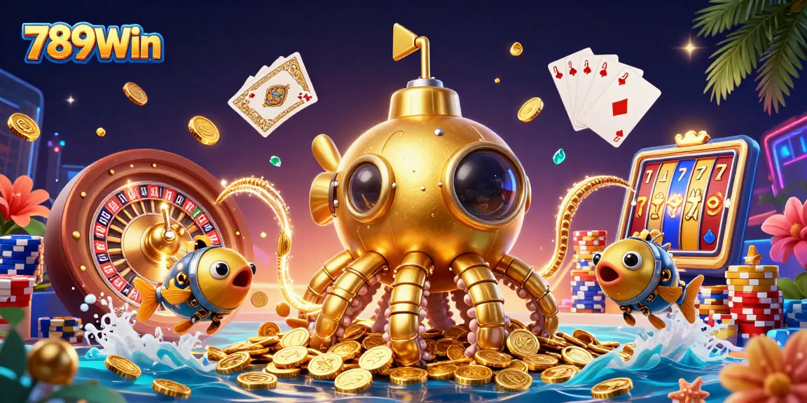 Play exciting casino games at 789Win with a stunning 3D illustration showcasing vibrant golden kraken and gaming elements.