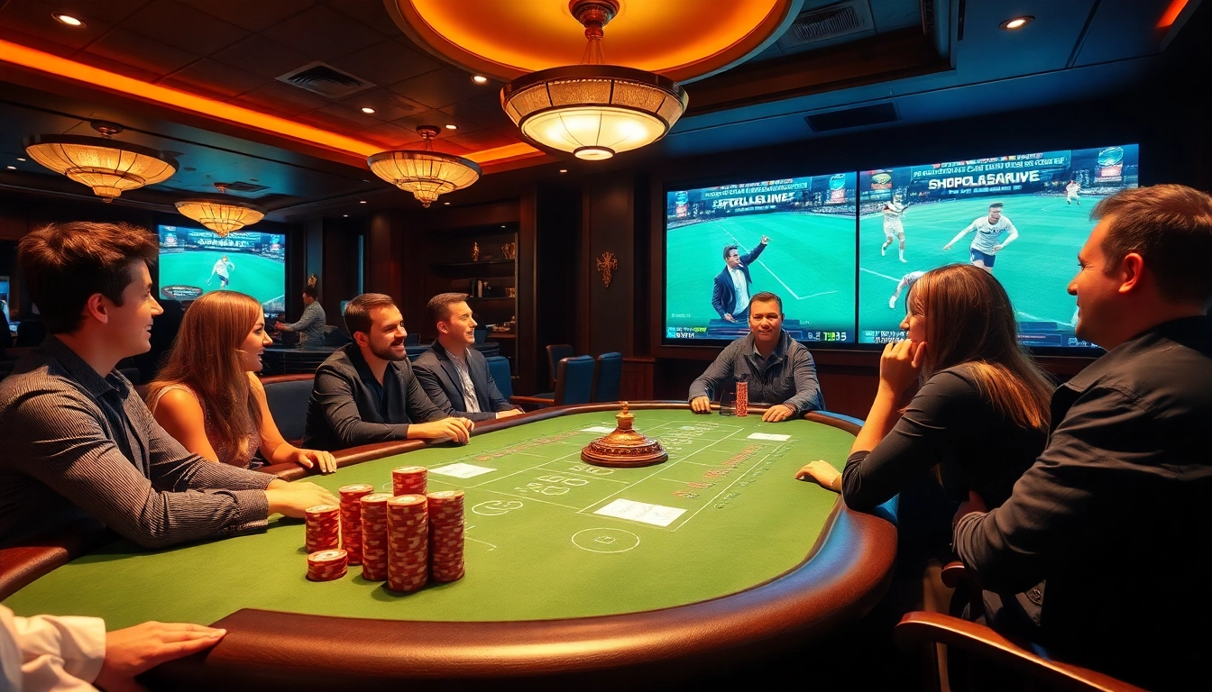 Socolive streaming on large screens in a lively casino setting, showcasing excitement and camaraderie among friends.