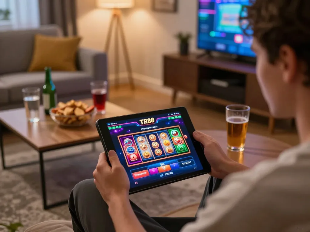Engaging atmosphere of a player enjoying TR88 online casino on a tablet in a cozy setting