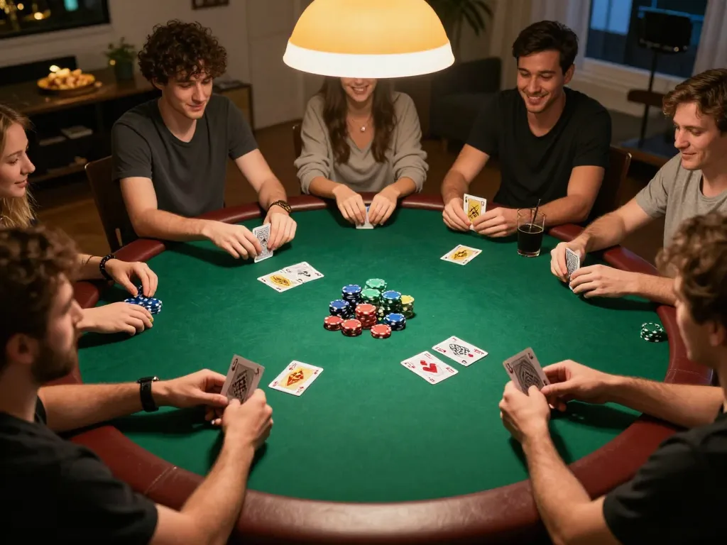 32win players enjoying an engaging home poker night, showcasing vibrant chips and friendly competition.