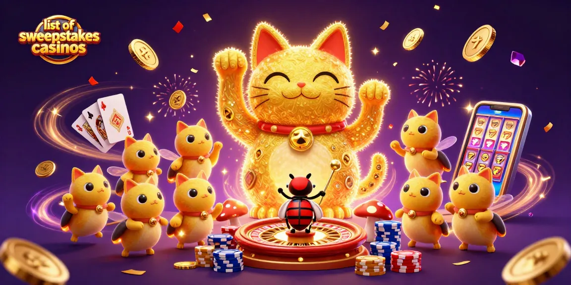 Win exciting prizes at the list of sweepstakes casinos with vibrant 3D artwork of lucky symbols.