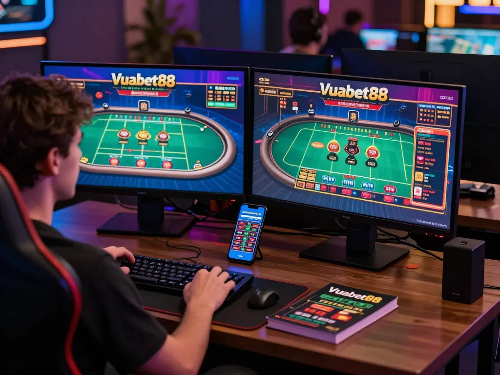 Player engaged in live casino gaming on Vuabet88 with dual screens showcasing dynamic gameplay.