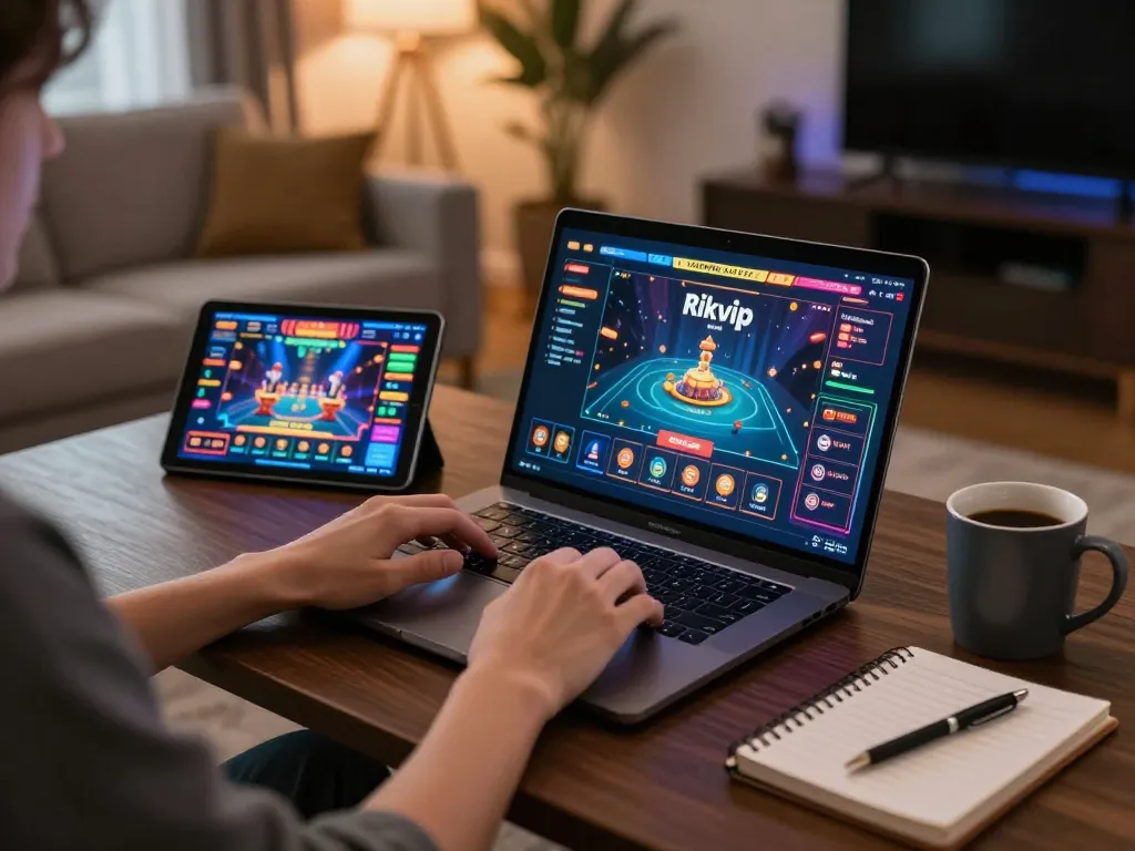 Person enjoying an online rikvip game on a stylish laptop in a cozy home environment.