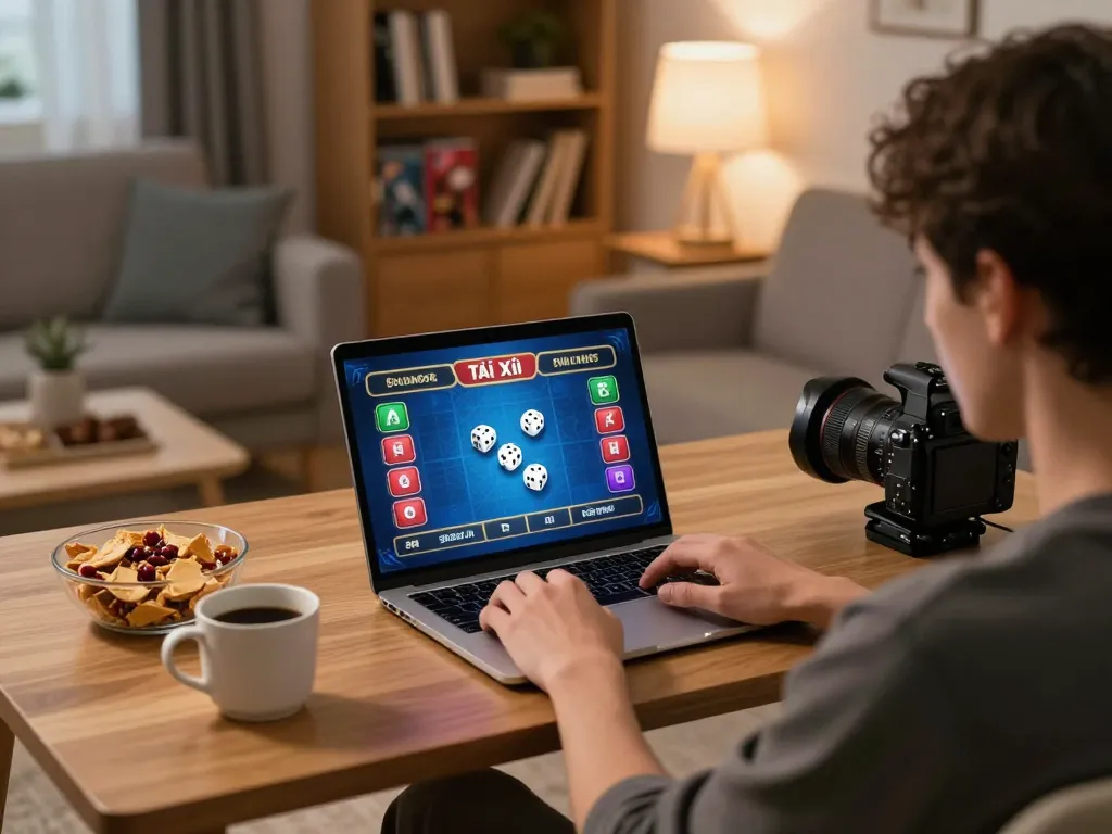 Engaged player playing Tài Xỉu on laptop in cozy home environment with snacks visible.