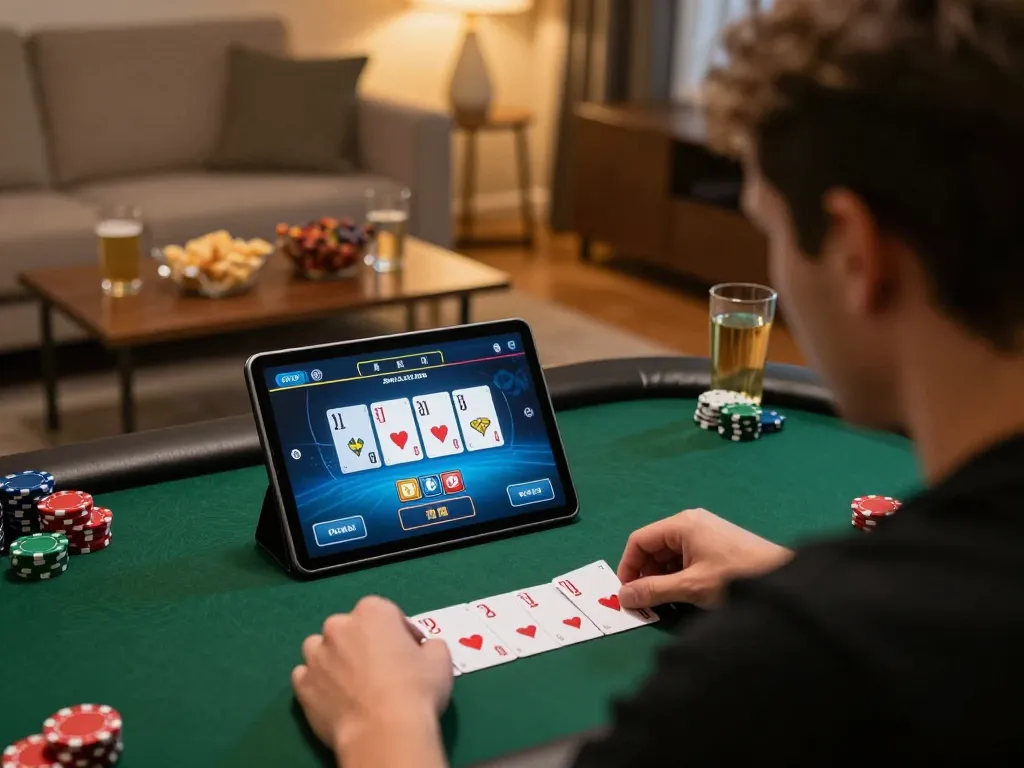 Nohu players strategizing in online poker game at home, showcasing exciting atmosphere and responsible gaming