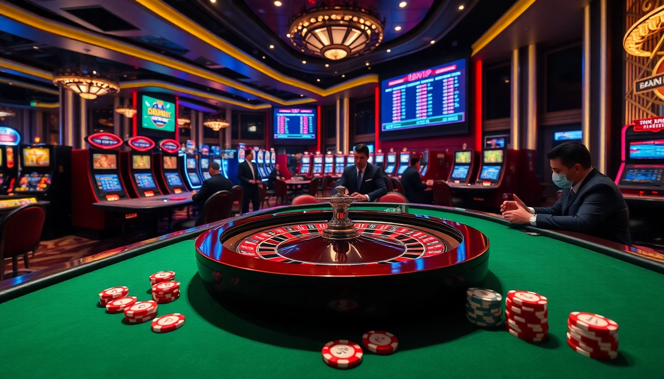 Experience the excitement at Trụ Sở Nhà Cái 68VIP's luxury gaming tables with poker chips and roulette.