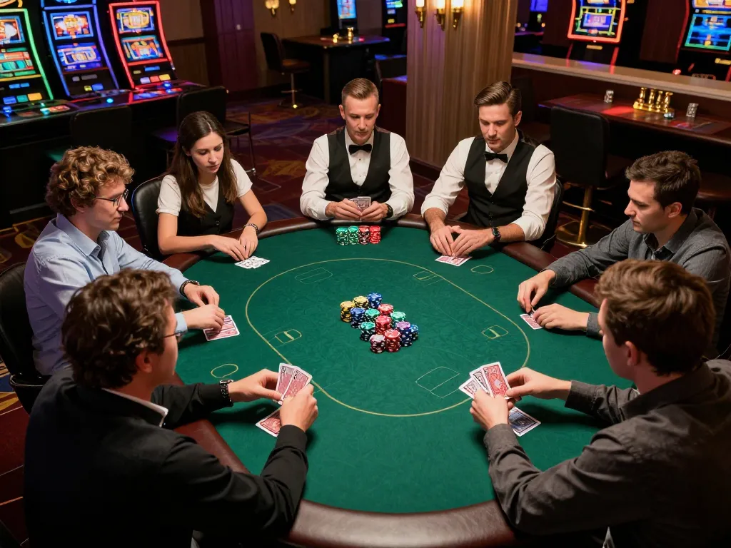 Players strategizing in a thrilling poker game at 789win casino with vibrant energy