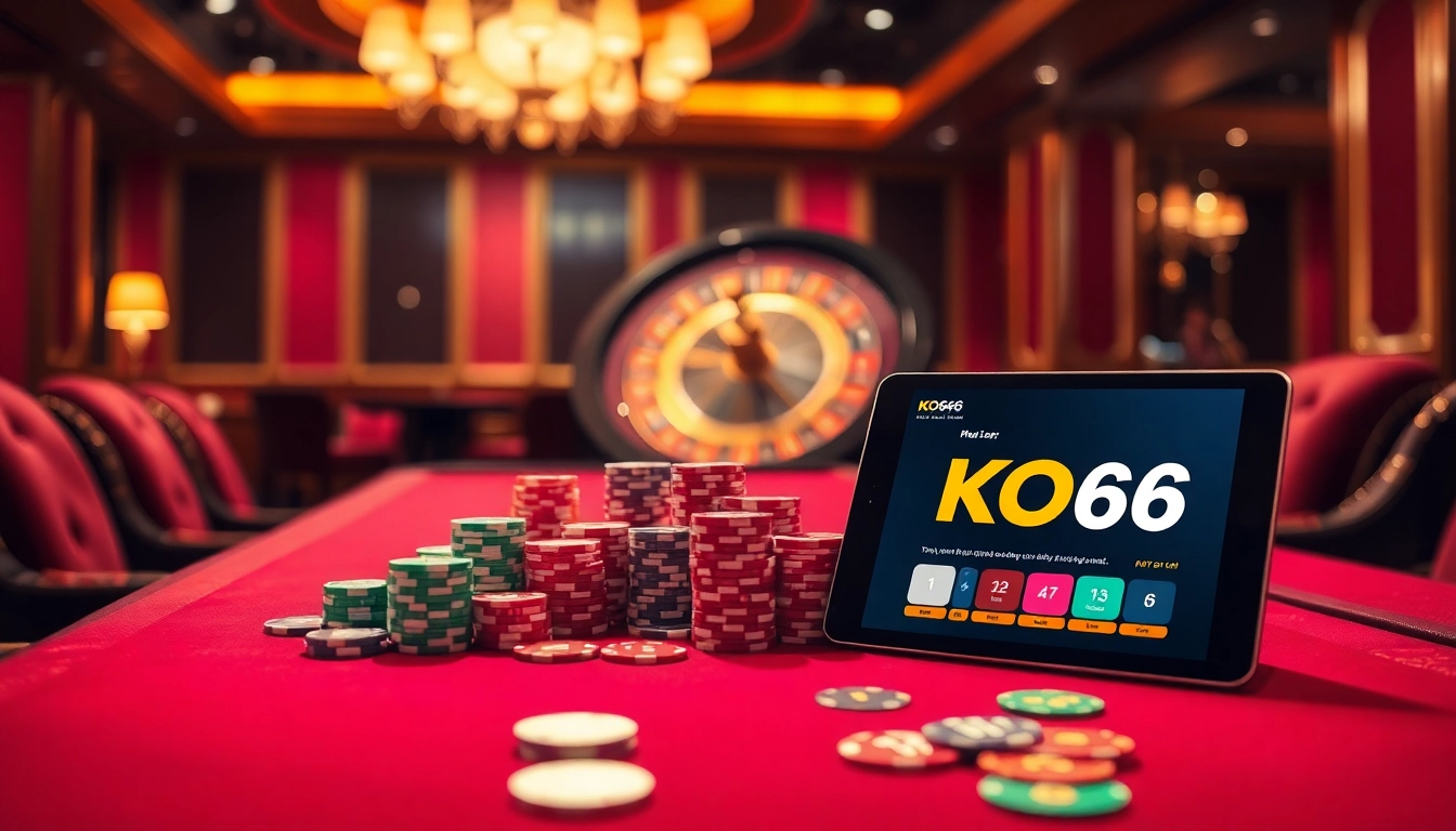 Các người chơi tương tác với ứng dụng KO66 tại một bàn casino sôi động, làm nổi bật sự phấn khích và chiến lược.