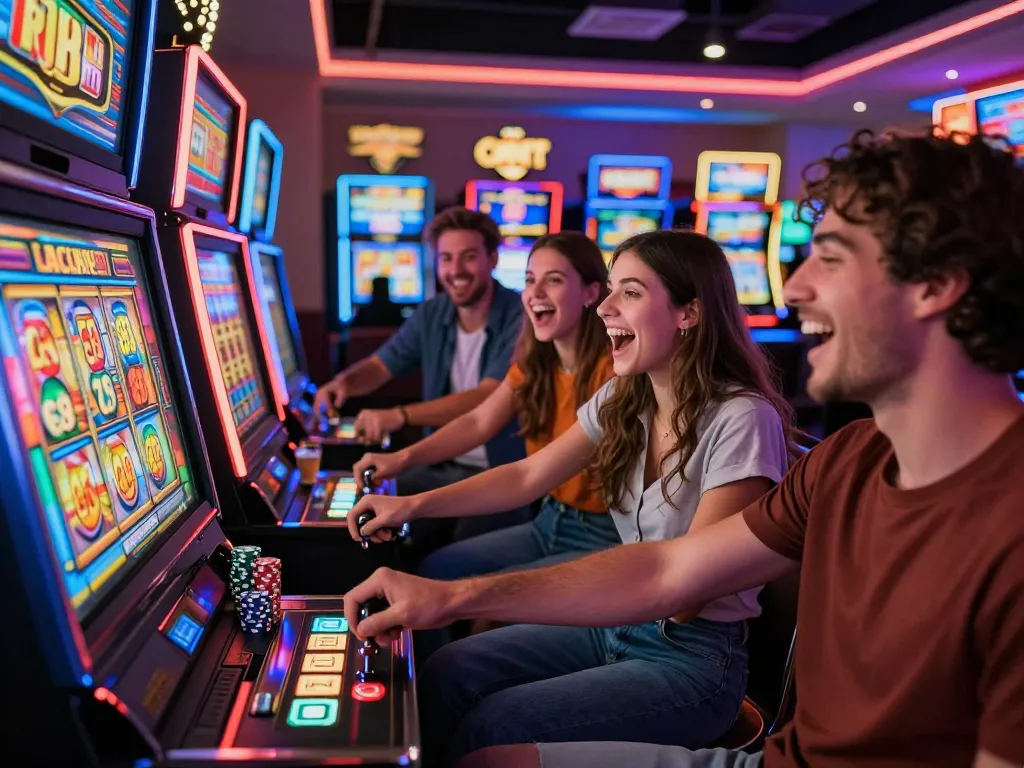 Group of friends enjoying the Lucky 88 slot machine experience in a lively casino setting with colorful lights.