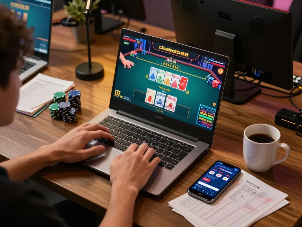 Engaging gaming session on dabet88 with player focused on laptop at home desk.