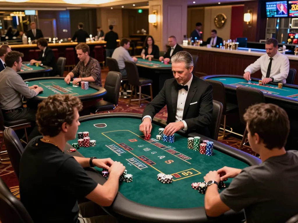 Players strategizing at Fm88 blackjack tables in an upscale casino with vibrant atmosphere